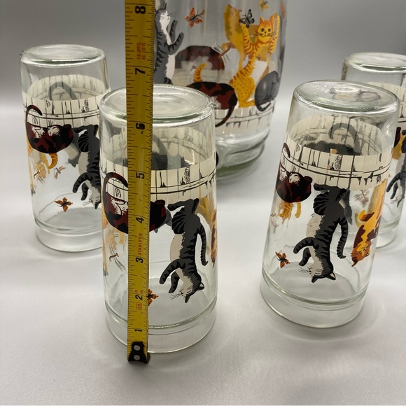 5 Pc Anchor Hocking Cats Butterflies Glasses Jug Dispenser Set Vintage EVC - Picture 6 of 7